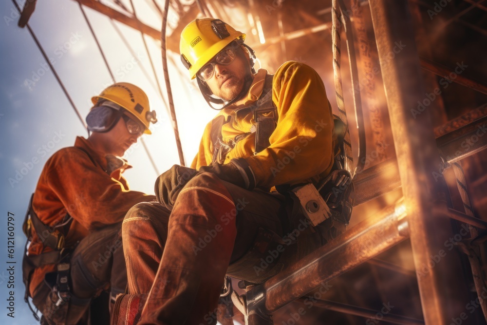 portrait photograph of power electrician Two people working at height wearing safety gear from a high voltage pylon.Generated with AI portrait photograph of power electrician Two people working at height wearing safety gear from a high voltage pylon.Generated with AI