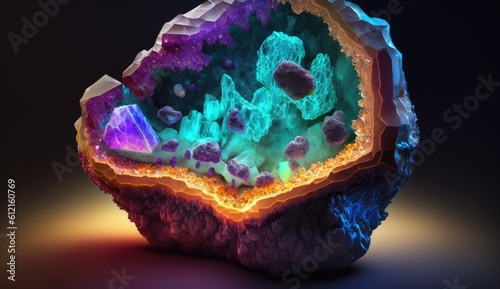 neon glowing_sulphuric 3d realistic crystals in a cracke