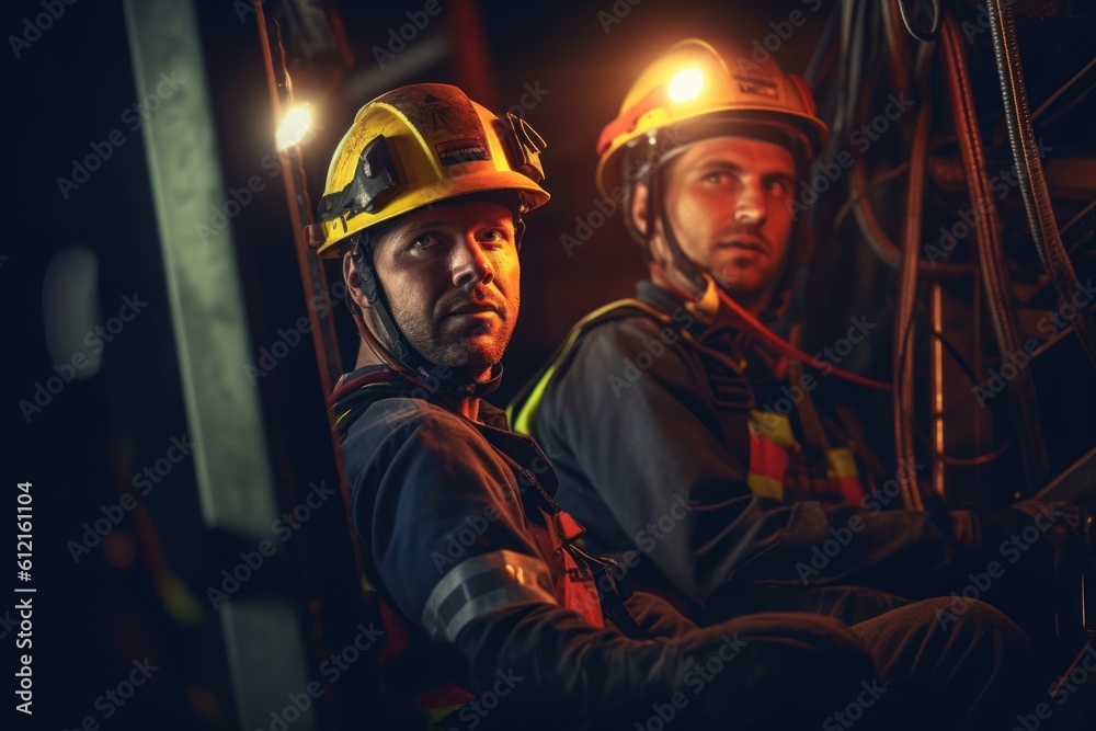 portrait photograph of power electrician Two people working at height wearing safety gear from a high voltage pylon.Generated with AI