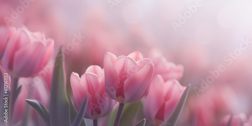Spring Pink Tulips Whispers of Love: Embracing Romance with Soft Pink Tulips in a Delicate Display. Generative AI. 
