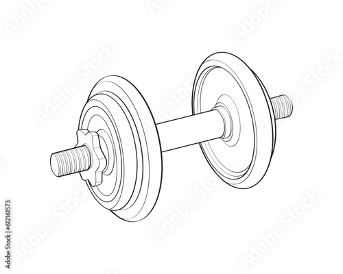 Heavy sport dumbbell for gymnastics, outline sketch vector isolated with white background.