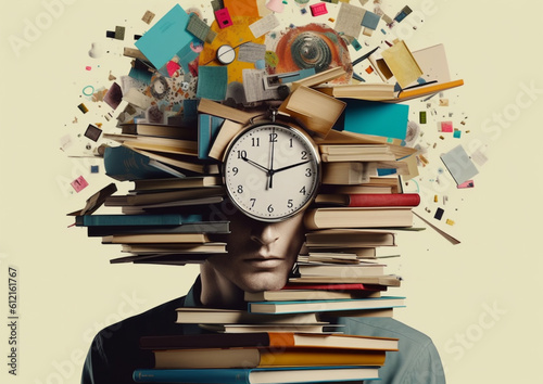 Time Management Struggles: Exhausted Man Burdened by Books, Papers, and Clock, Symbolizing Knowledge Overload and Overwork in a Contemporary Art Collage,  Generative AI photo
