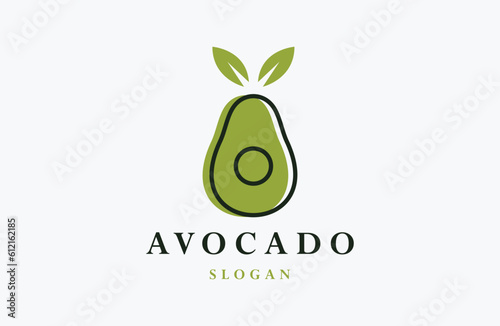 Avocado fruit logo template. Half avocado with leaves vector design.