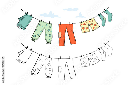 Clothes on a rope. Vector illustration isolated on white background