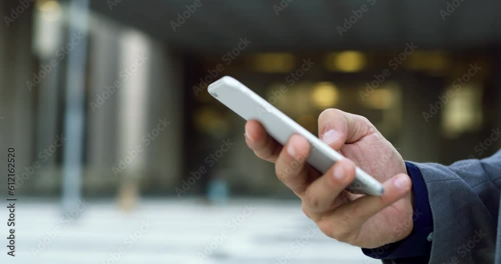 Phone, city hands and business man typing email, online app search or check corporate data on mobile app. Cellphone, closeup agent and urban person networking, texting or message smartphone user Phone, city hands and business man typing email, online app search or check corporate data on mobile app. Cellphone, closeup agent and urban person networking, texting or message smartphone user