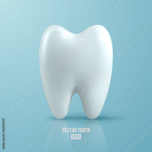 Vector 3d Realistic Tooth. Dental Inspection Banner, Plackard. Tooth Icon Closeup on Blue Background. Medical, Dentist Design Template. Dental Health Concept