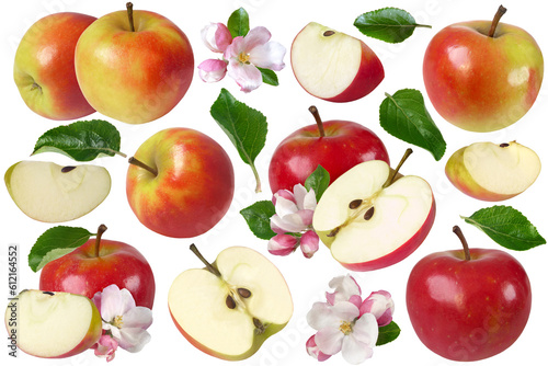 Rote Äpfel, Apfelhälften, Apfelspalten, Apfelblüten und Apfelblätter. Freigestellt auf transparentem Hintergrund. photo