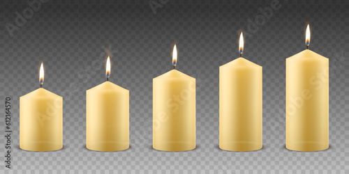 Vector 3d Realistic Yellow, Orange Paraffin Wax Burning Party, Spa Candle Set with Flame of a Candle, Isolated. Different Size Collection. Design Template, Front View