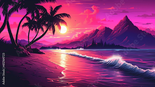 Retrowave Beach Landscape mit Palmen  Strand  Wellen  Sonne und Sonnenuntergang. Synthwave  Futuresynth  Outrun. Querformat. Generative Ai.