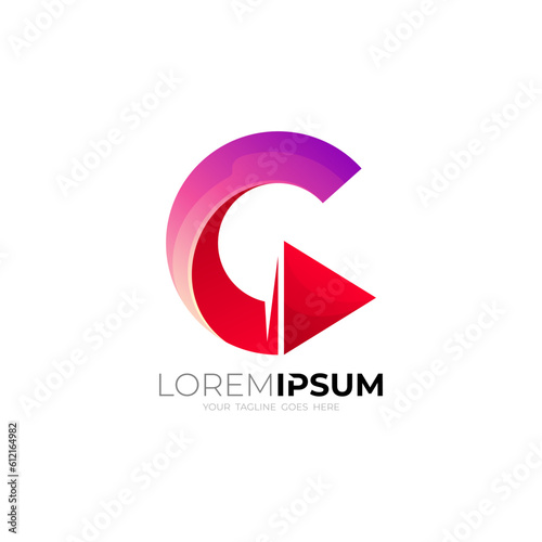 Free Download Letter G logo with play design template, technology icons, red - GFXLoad