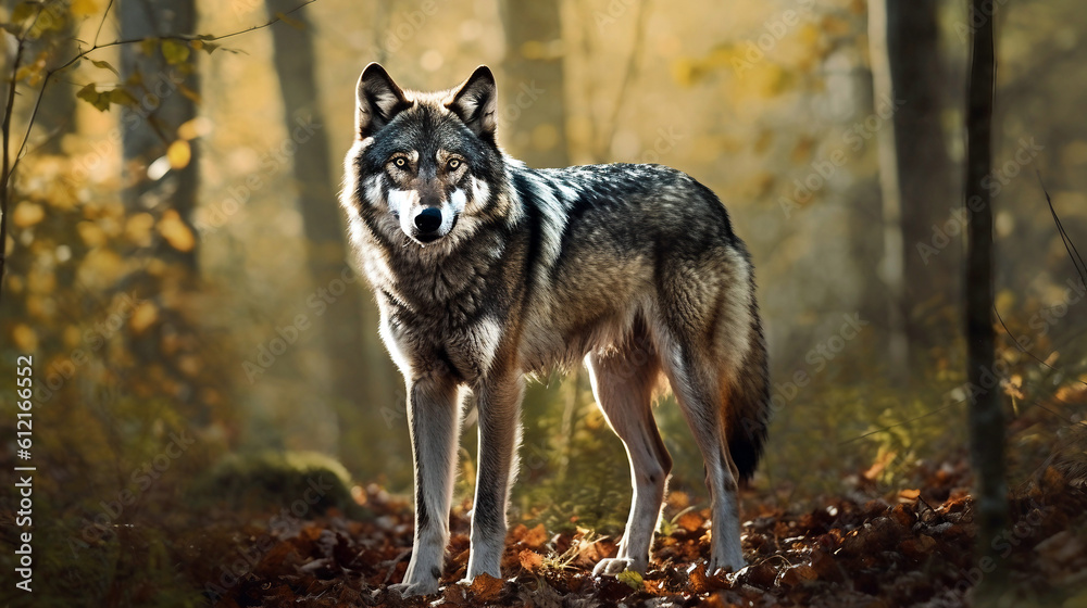 Beautiful wolf in the forest. The wolf is standing in the forest generative ai Beautiful wolf in the forest. The wolf is standing in the forest generative ai