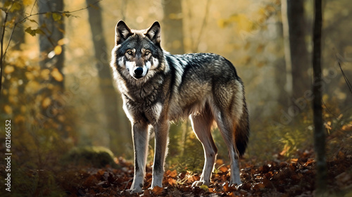Beautiful wolf in the forest. The wolf is standing in the forest generative ai