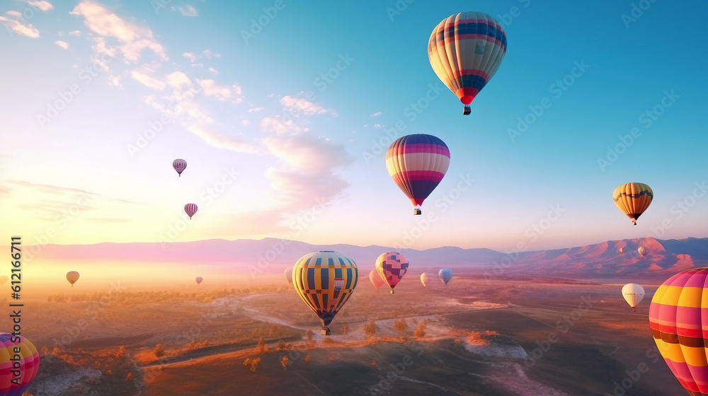 Fototapeta premium Hot air balloons flying over the desert, generative ai illustration