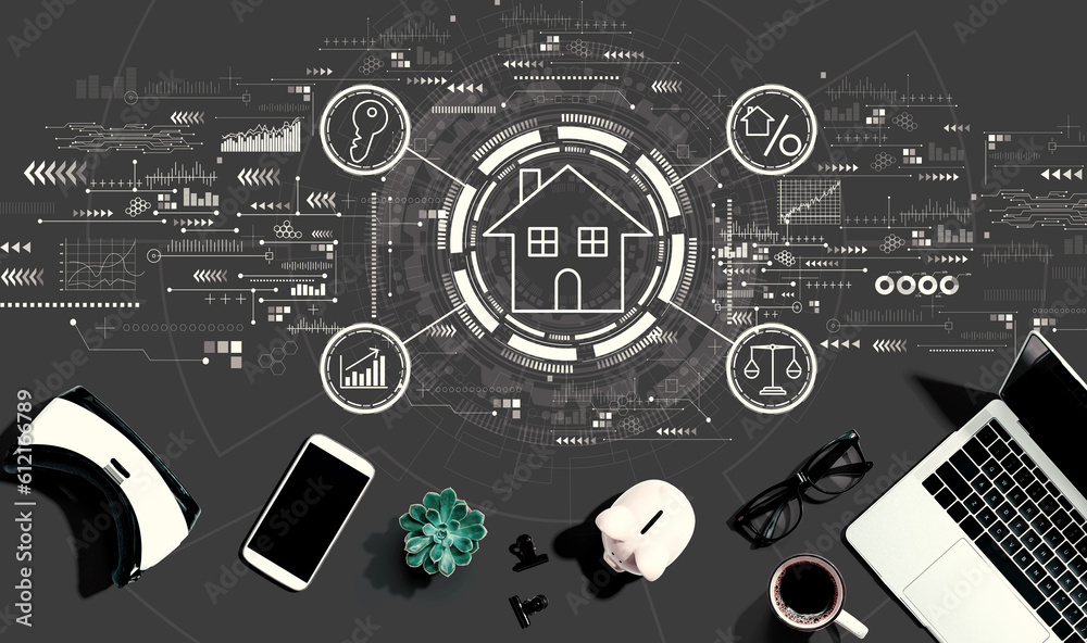 Real estate theme with electronic gadgets and office supplies - flat lay Real estate theme with electronic gadgets and office supplies - flat lay