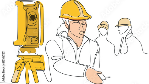 Close up of Caucasian worker with helmet on head using tablet for work while standing in warehouse. Surveyor with a tripod icon. Geodesic tripod. Vector illustration