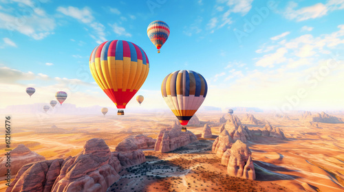 Hot air balloons flying over the desert, generative ai illustration © ardanz