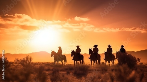 Print op canvas Vintage and silhouettes of a group of cowboys sitting on horseback at sunset illustration