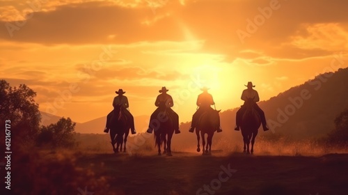 Vintage and silhouettes of a group of cowboys sitting on horseback at sunset illustration. Generative AI. © Pro Hi-Res