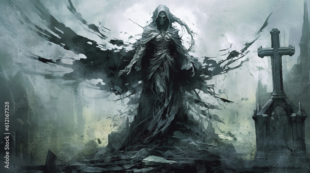 Generative AI, A Banshee perched on a crumbling gravestone Generative AI, A Banshee perched on a crumbling gravestone
