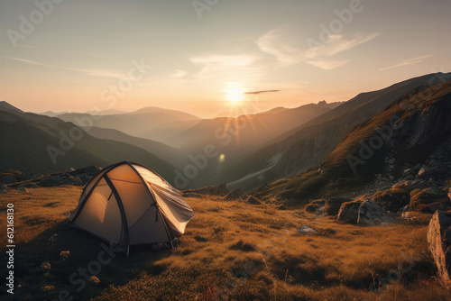 Spectacular mountain vistas and stunning sunsets await you in this picturesque tent is AI Generative.