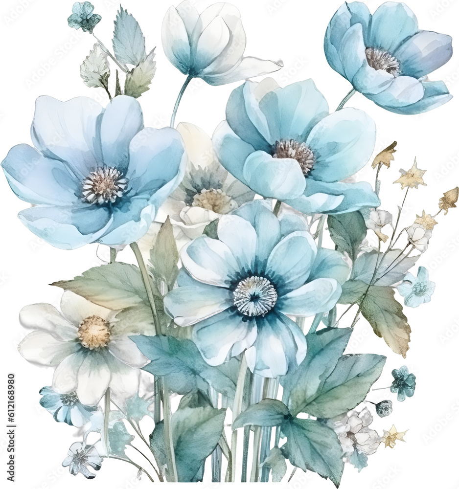Watercolor blue flowers bouquet, png with transparent background