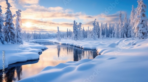 Lapland Finland winter landscape with lake and mountains