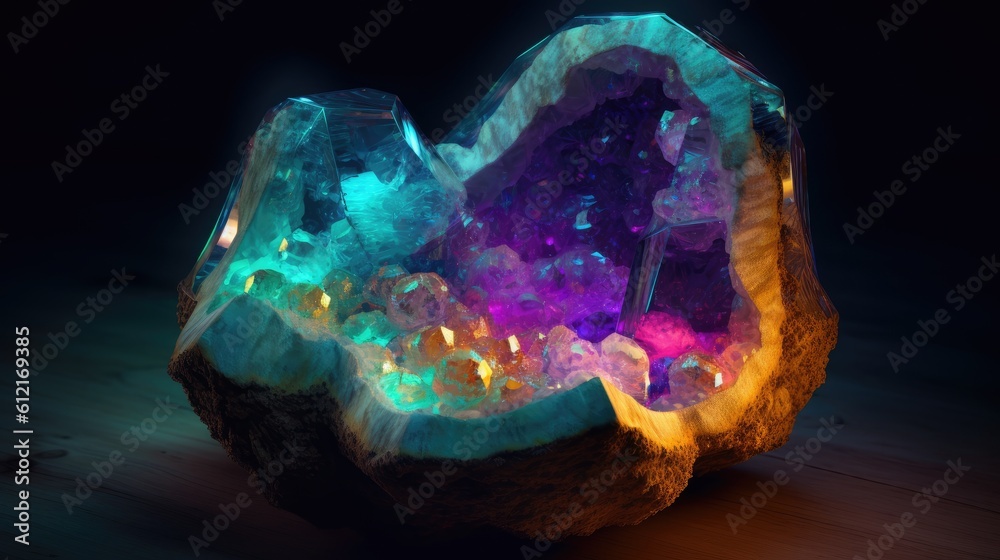 crystal ball in the shape of heart neon glowing sulphuric 3d realistic crystals in a crack