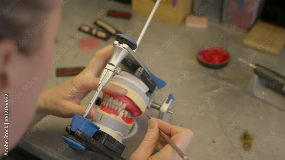 Specialist colouring the parts of the dental prosthetic model