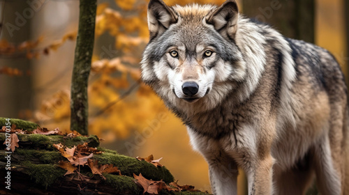 Obraz na płótnie Portrait of a wolf in the autumn forest generative ai illustration w salonie