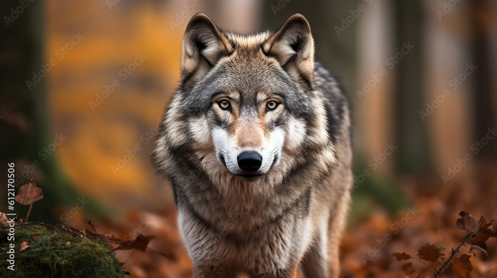 Fototapeta premium Portrait of a wolf in the autumn forest generative ai illustration