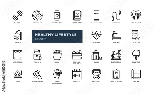 healthy lifestyle sport exercise gym fitness health personal detailed outline line icon set