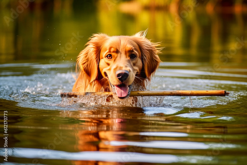A dog fetching a stick from a lake, capturing its love for retrieving objects and water activities.