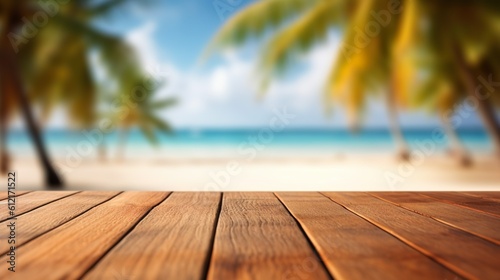 Empty wooden table on a beautiful blured tropical