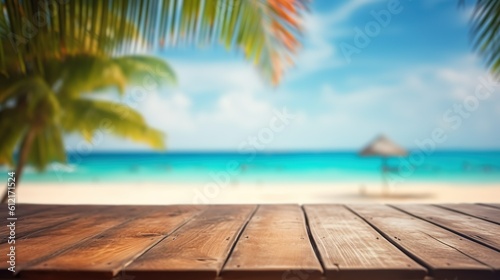 Empty wooden table on a beautiful blured tropical