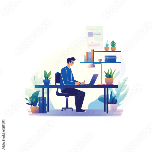 person working at a desk with a laptop and documents. It conveys professionalism and productivity in a modern business environment