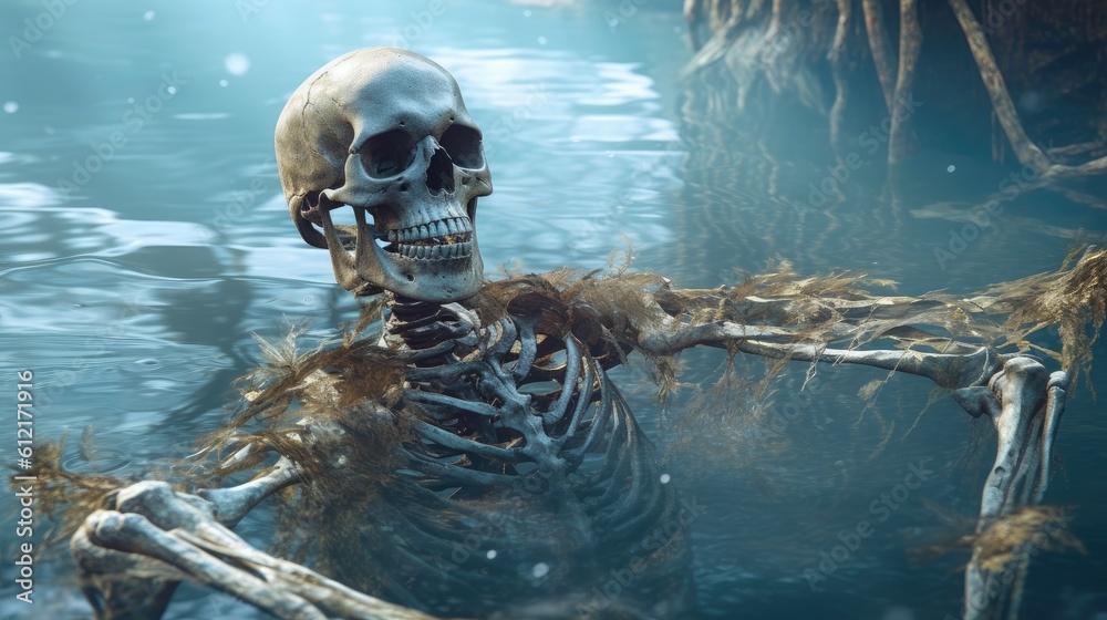 skull in the sea water skeleton