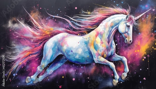 art unicorn in space . dreamlike background with unicorn . Hand Drawn Style illustration