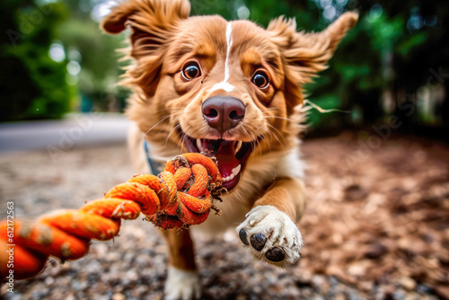A dog playing tug-of-war with a rope toy, displaying its strength and interactive playfulness.