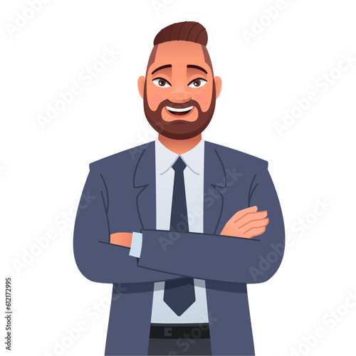 Successful confident bearded man stands with his arms crossed. Happy businessman in a jacket, trousers, shirt and tie.