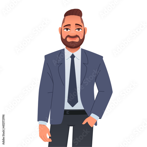 Successful businessman. Handsome bearded man in a jacket, trousers, shirt and tie. Vector cartoon illustration