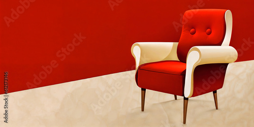 Red and white chair against a red wall - Generative AI