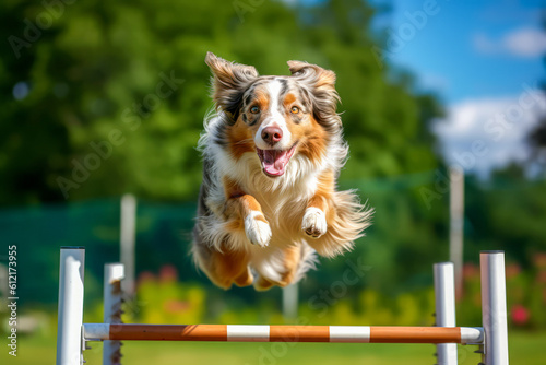 A dog leaping over a hurdle during an agility course, showcasing its training and athleticism. © Suplim