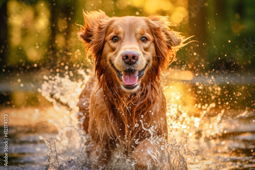 A dog jumping into a pool with water splashing around, showcasing its love for water and swimming. © Suplim