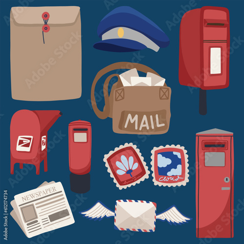 Set of Postal Worker and Service Cute Hand Drawn Illustration