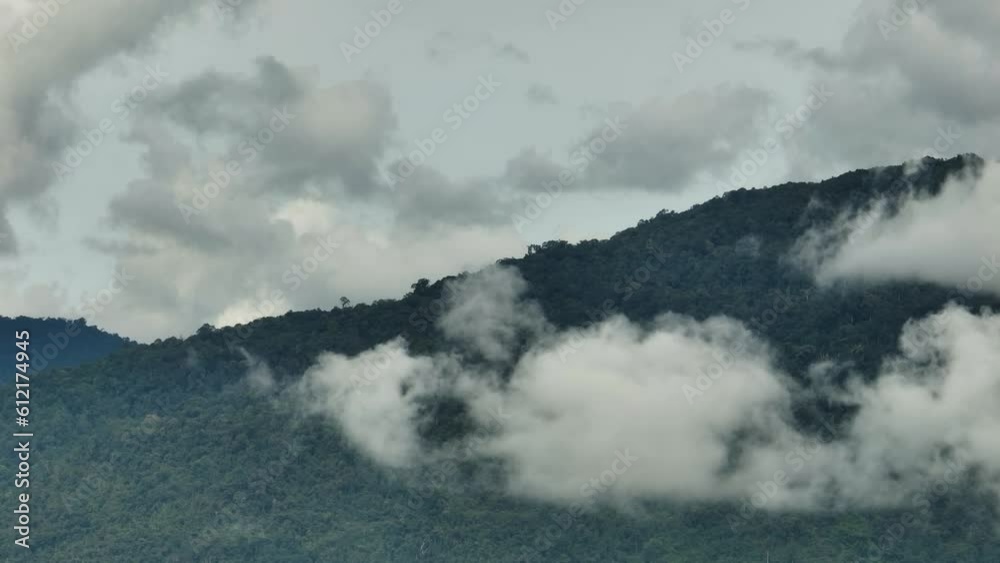 Top view of tropical landscape with mountains and jungle. Borneo, Sabah, Malaysia.