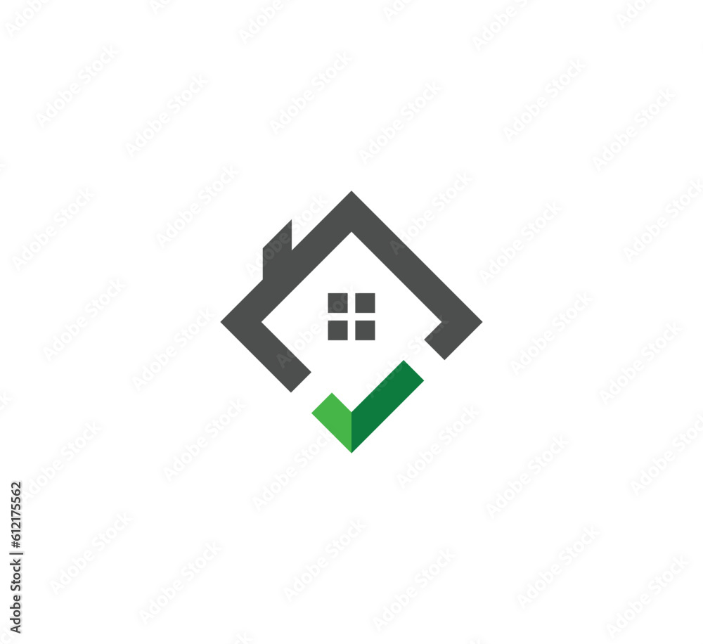 Real estate with check mark vector logo. Home with window and chimney on the roof, house with tick or checkmark symbol - realty icons. Real estate with check mark vector logo. Home with window and chimney on the roof, house with tick or checkmark symbol - realty icons.