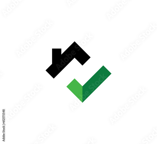 Real estate with check mark vector logo. Home with window and chimney on the roof, house with tick or checkmark symbol - realty icons.