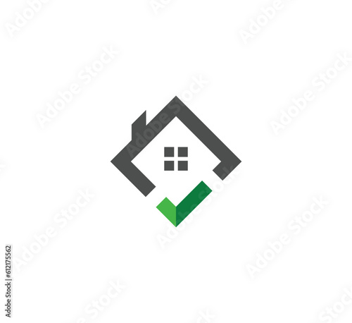 Real estate with check mark vector logo. Home with window and chimney on the roof, house with tick or checkmark symbol - realty icons.