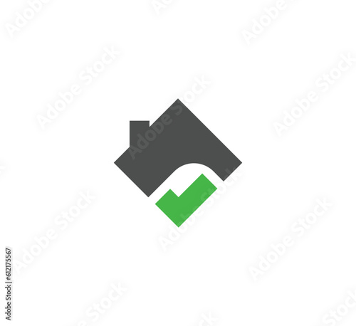 Real estate with check mark vector logo. Home with window and chimney on the roof, house with tick or checkmark symbol - realty icons.