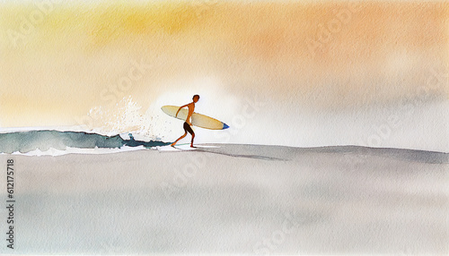 watercolor, surfer on the beach